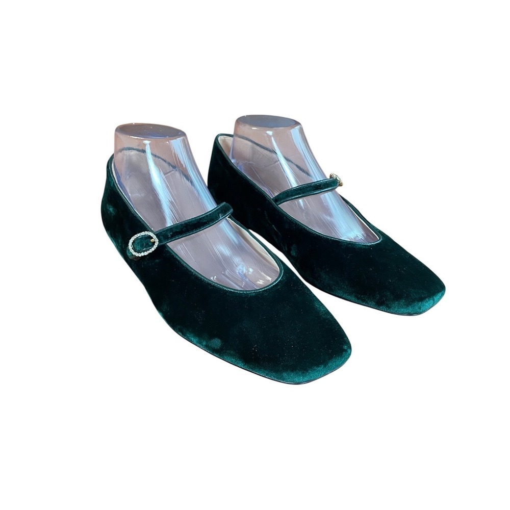 J.Crew Dark Green Velvet Mary Jane Flats Crystal Buckle Square Toe 9.5 HO22‎